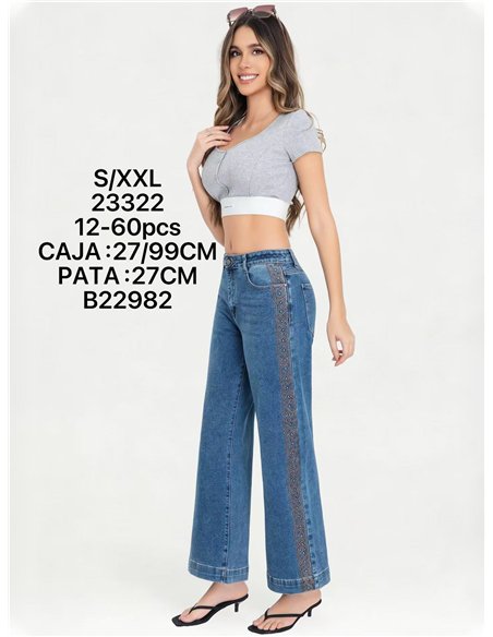 Jeans wide leg banda bordada con tachas