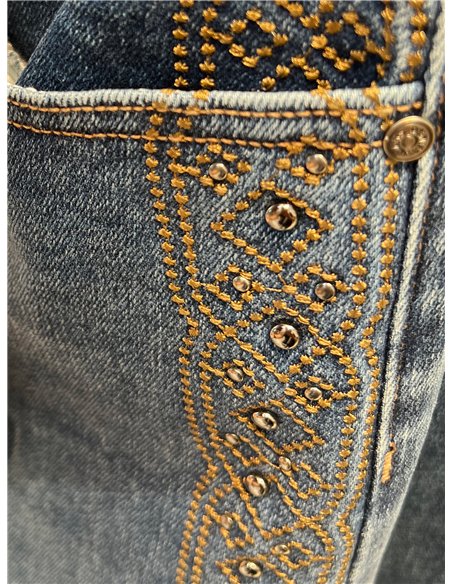 Jeans wide leg banda bordada con tachas