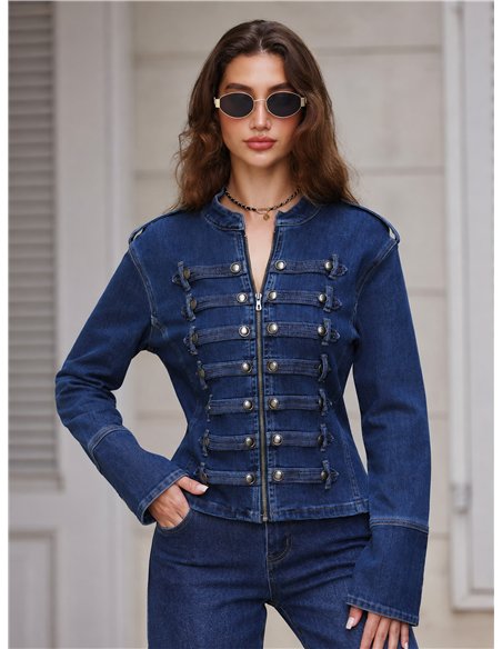 Giacca di jeans militare con bottoni decorativi