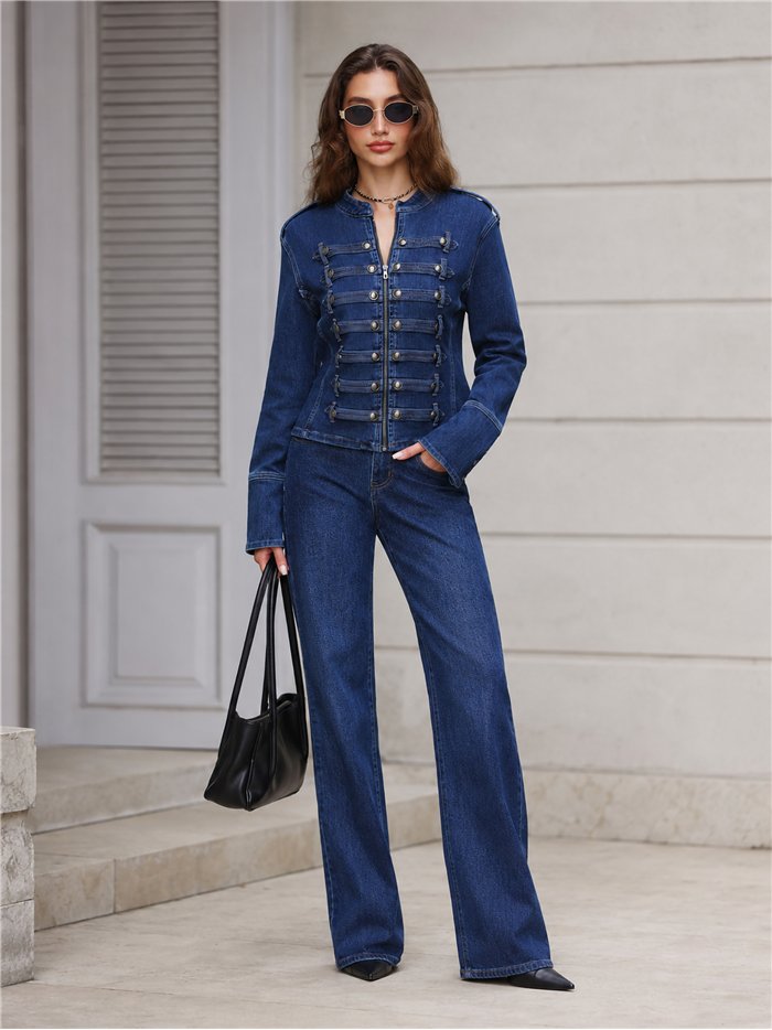 Giacca di jeans militare con bottoni decorativi