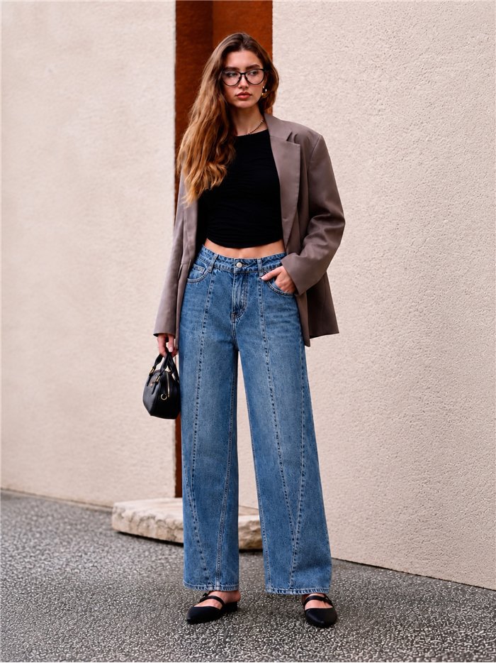 Jeans wide leg costuras