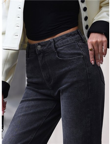 Jeans mit weitem Bein und Strasssteinen