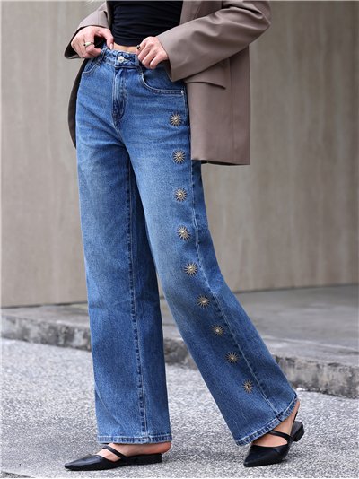 Jeans wide leg bordados de soles con tachas