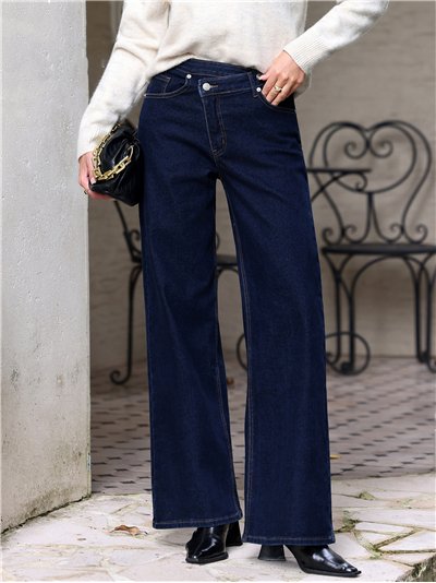 Jeans wide leg índigo cintura cruzada