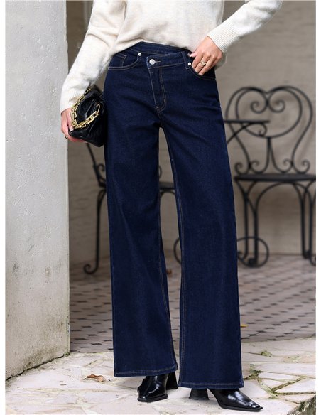 Jeans wide leg índigo cintura cruzada
