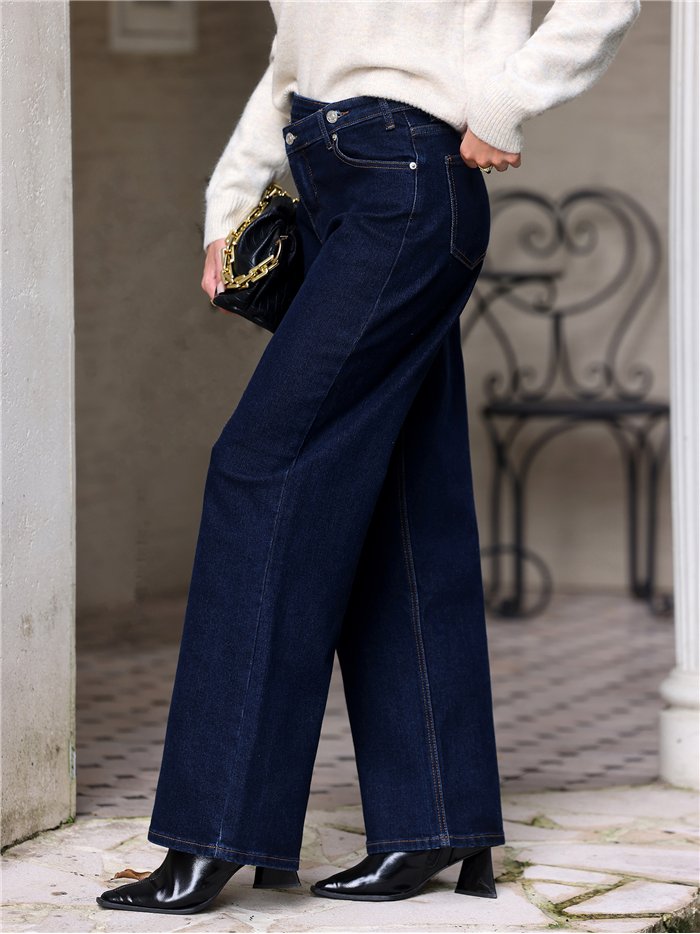 Jeans wide leg índigo cintura cruzada