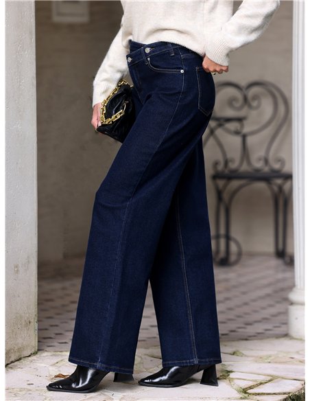 Jeans wide leg índigo cintura cruzada