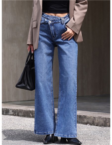 Jeans wide leg cintura cruzada