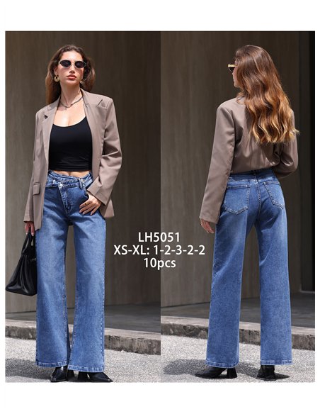 Jeans wide leg cintura cruzada