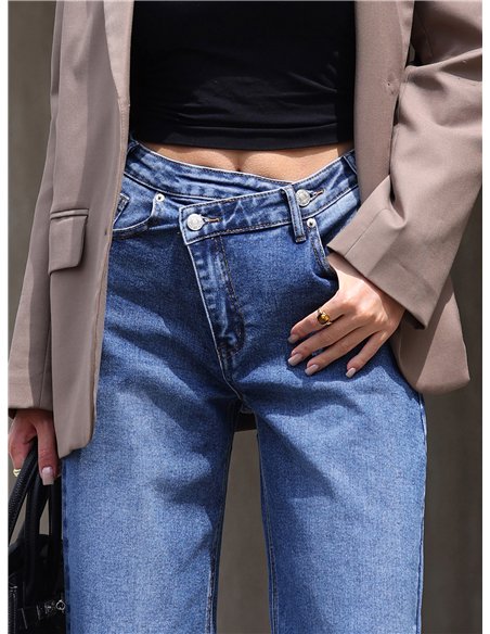 Jeans wide leg cintura cruzada