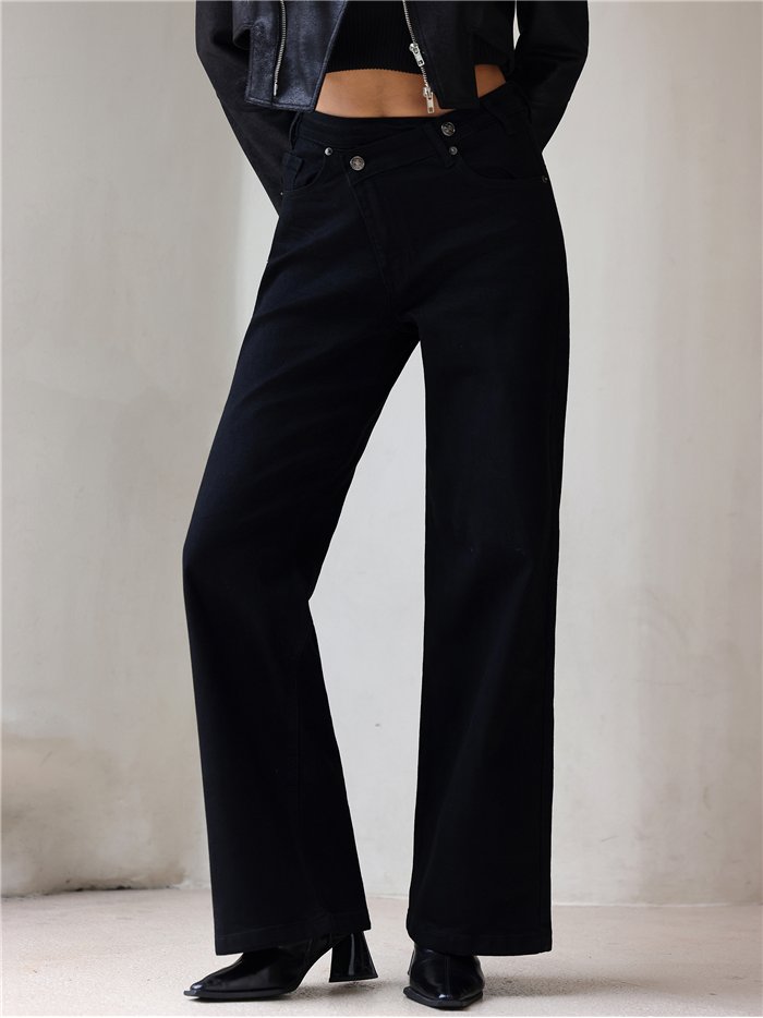 Jeans wide leg negros cintura cruzada
