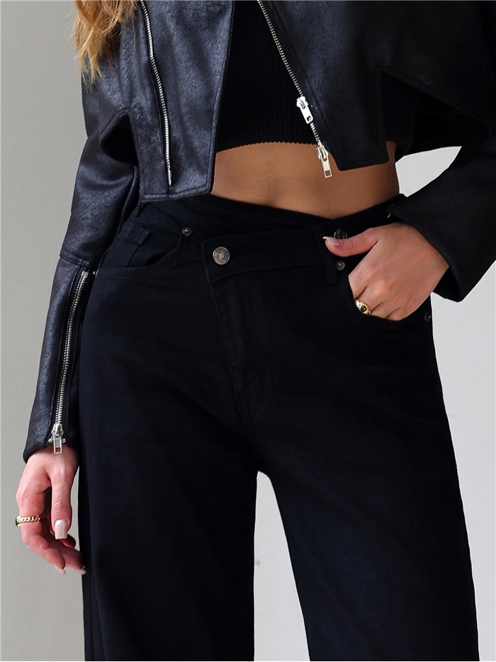 Jeans wide leg negros cintura cruzada