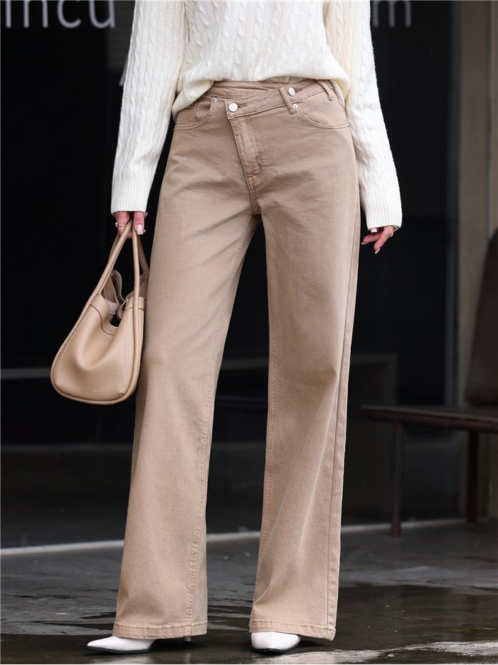 Jeans wide leg beige cintura cruzada