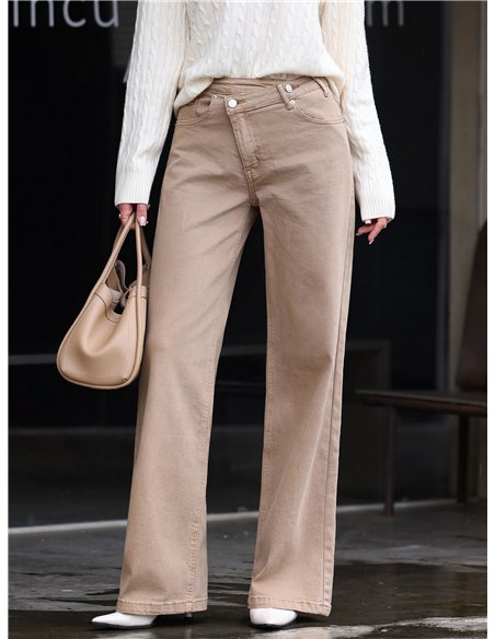 Jeans wide leg beige cintura cruzada