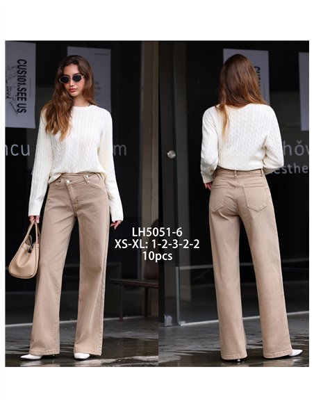 Jeans wide leg beige cintura cruzada