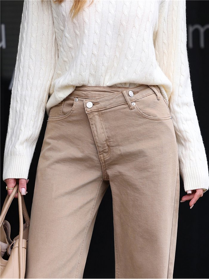 Jeans wide leg beige cintura cruzada