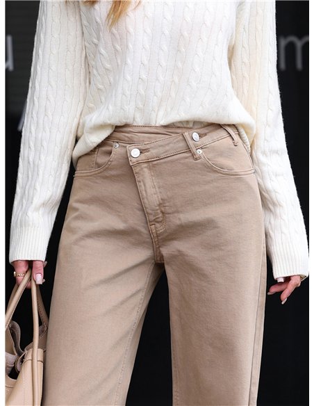 Jeans wide leg beige cintura cruzada
