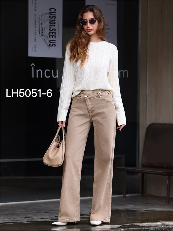 Jeans wide leg beige cintura cruzada