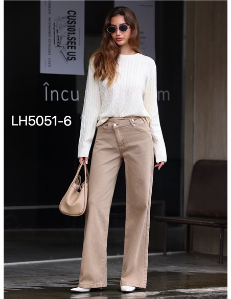Jeans wide leg beige cintura cruzada