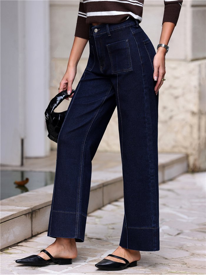 Jeans wide leg índigo bolsillos parche