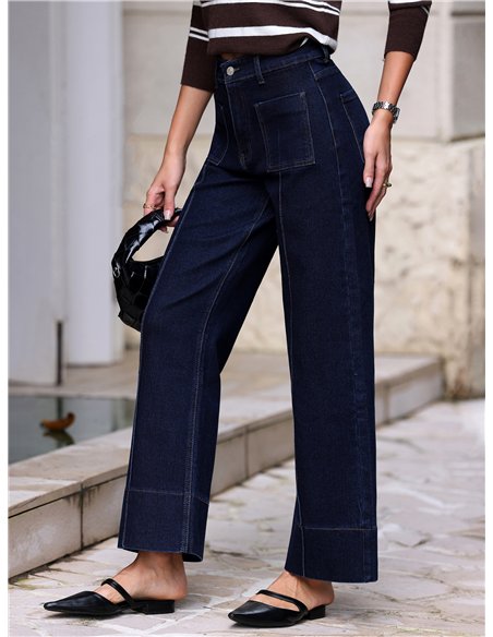 Jeans wide leg índigo bolsillos parche
