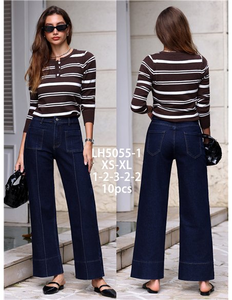 Jeans wide leg índigo bolsillos parche