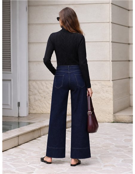Jeans wide leg índigo bolsillos parche