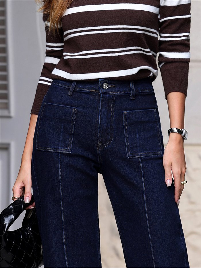 Jeans wide leg índigo bolsillos parche