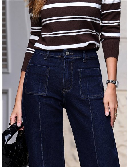 Jeans wide leg índigo bolsillos parche