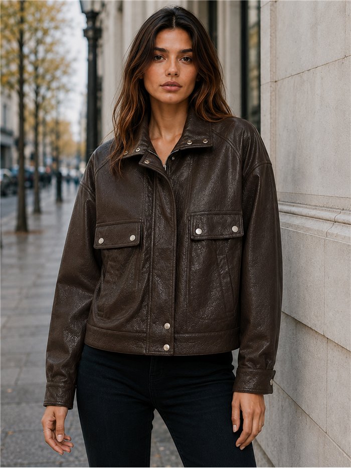 Chaqueta efecto piel bolsillos solapa