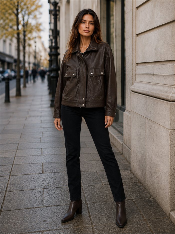 Chaqueta efecto piel bolsillos solapa