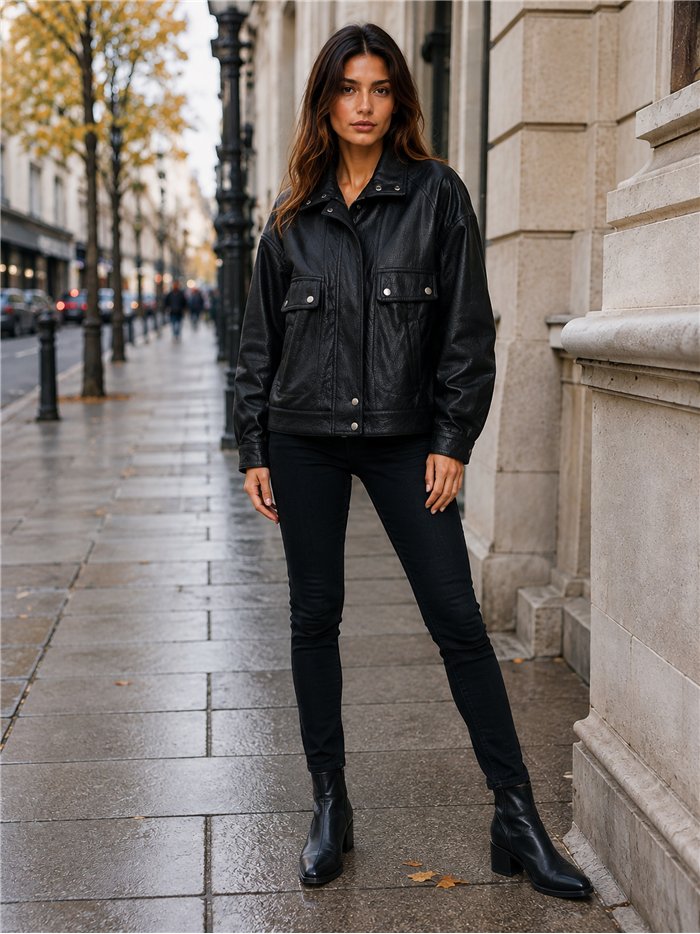 Chaqueta efecto piel bolsillos solapa