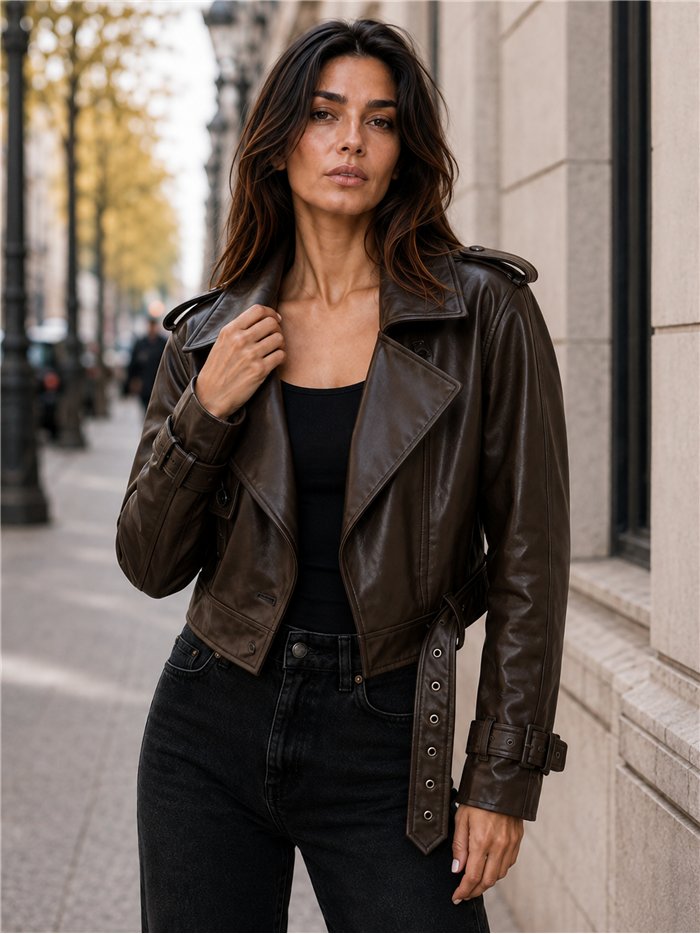 Chaqueta biker efecto piel cinturón