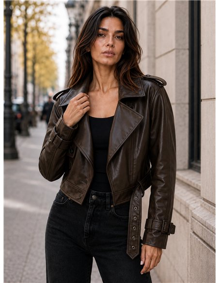 Chaqueta biker efecto piel cinturón