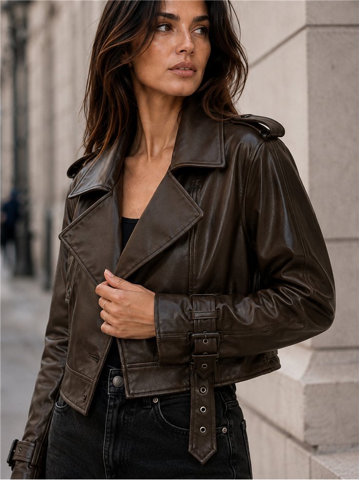 Chaqueta biker efecto piel cinturón