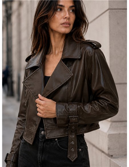 Chaqueta biker efecto piel cinturón