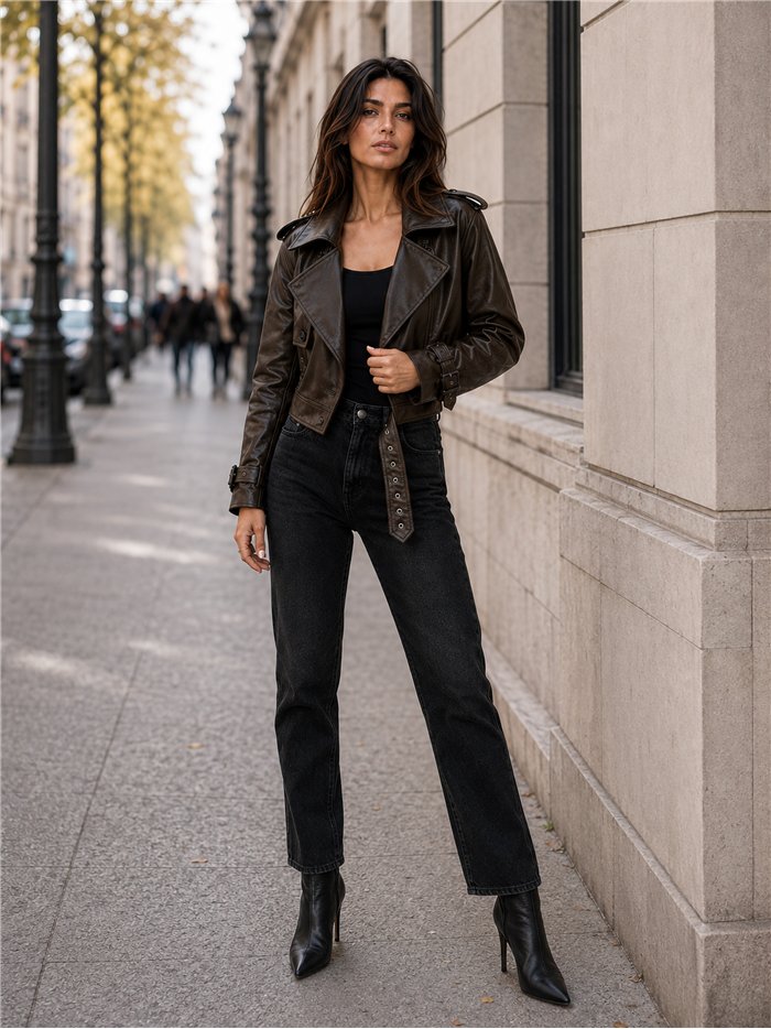 Chaqueta biker efecto piel cinturón