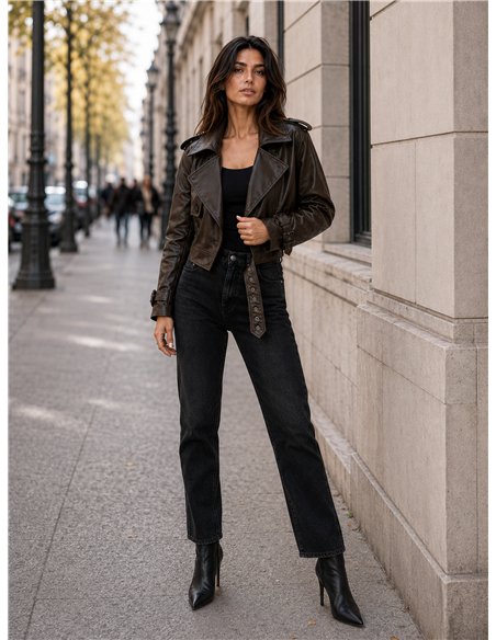 Chaqueta biker efecto piel cinturón