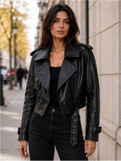 Chaqueta biker efecto piel cinturón