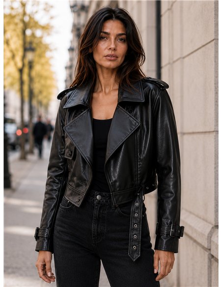 Chaqueta biker efecto piel cinturón