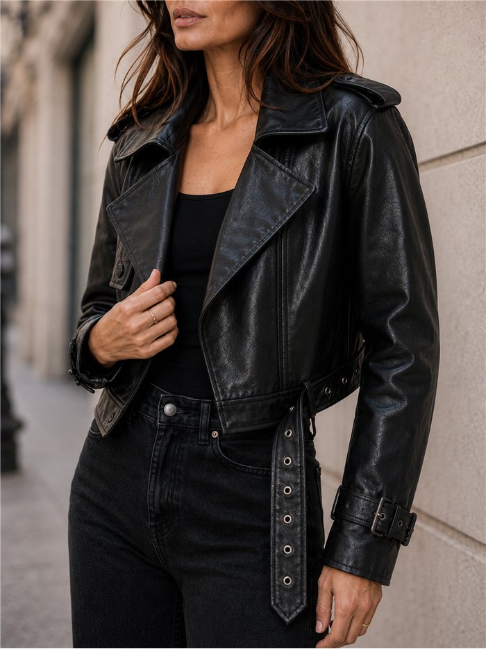 Chaqueta biker efecto piel cinturón