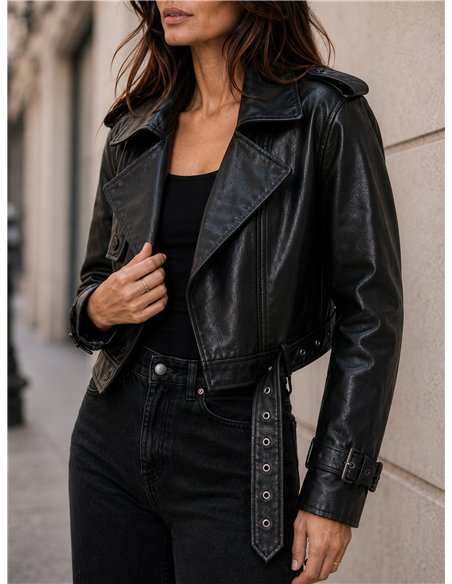 Chaqueta biker efecto piel cinturón