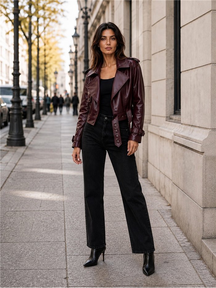 Chaqueta biker efecto piel cinturón