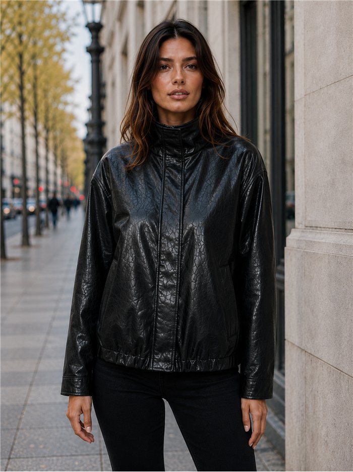 Chaqueta bomber efecto piel cuello subido