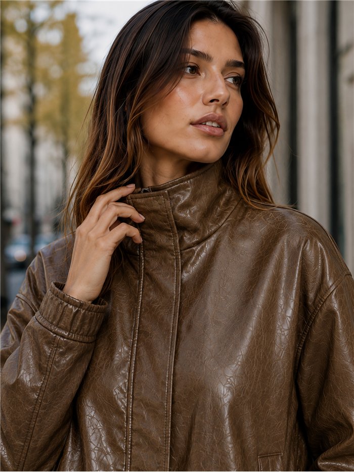 Chaqueta bomber efecto piel cuello subido