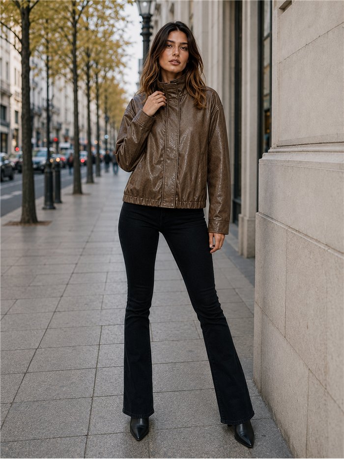 Chaqueta bomber efecto piel cuello subido