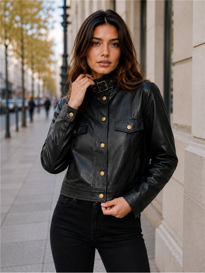 Chaqueta efecto piel hebilla