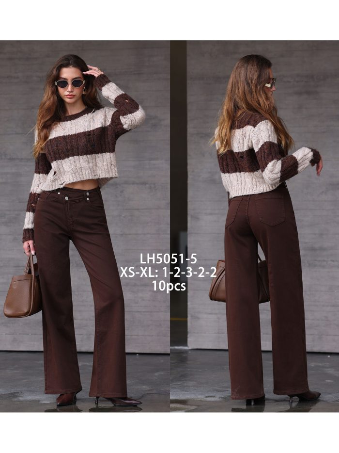Calça jeans de perna larga com cintura cruzada, cor chocolate | LH-LH5051-5