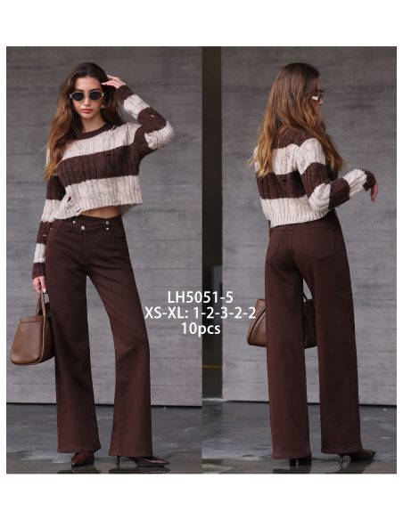 Calça jeans de perna larga com cintura cruzada, cor chocolate | LH-LH5051-5