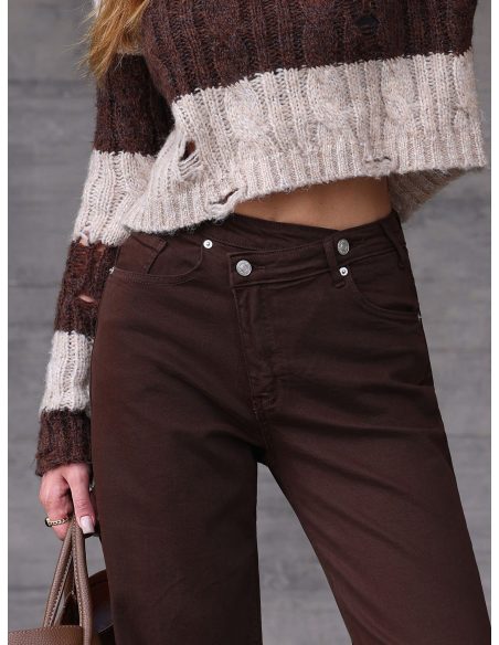 Calça jeans de perna larga com cintura cruzada, cor chocolate | LH-LH5051-5